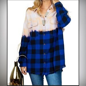 White Birch Dip Dye Buffalo Blue Combo Plaid Women’s button down Shirt Size L